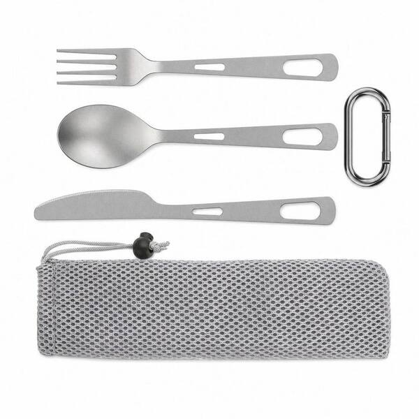 3-Piece Titanium Flatware Set, Ultra Lightweight Portable Reusable Knife Fork Spoon with Bag and Carabiner for Camping