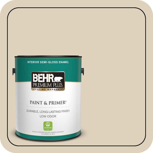 BEHR PREMIUM PLUS 1 gal. #PPU4-12 Natural Almond Semi-Gloss Enamel Low Odor Interior Paint & Primer