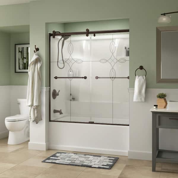 Simplicity 60 x 58-3/4 in. Frameless Contemporary Sliding Bathtub Door in Bronze with Niebla Glass Simplicity 60 x 58-3/4 in. Frameless Contemporary Sliding Bathtub Door in Bronze with Niebla Glass