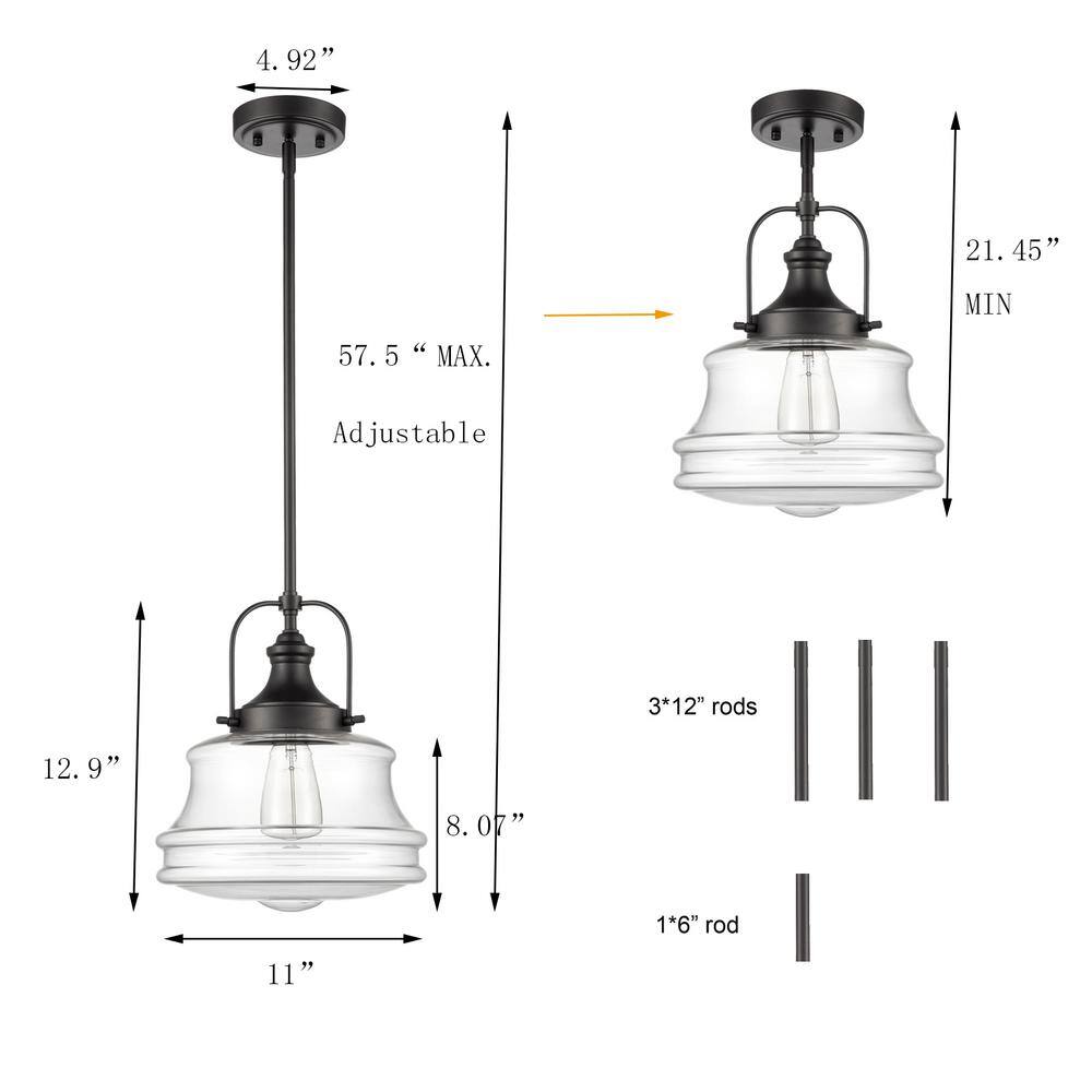 Black Polished Metal Industrial Pendant Light with Clear Glass Shade
