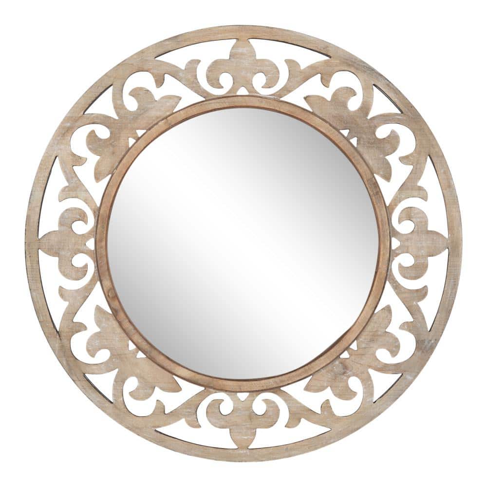 Shovali 32" Natural Wood Carved Round Vanity Mirror