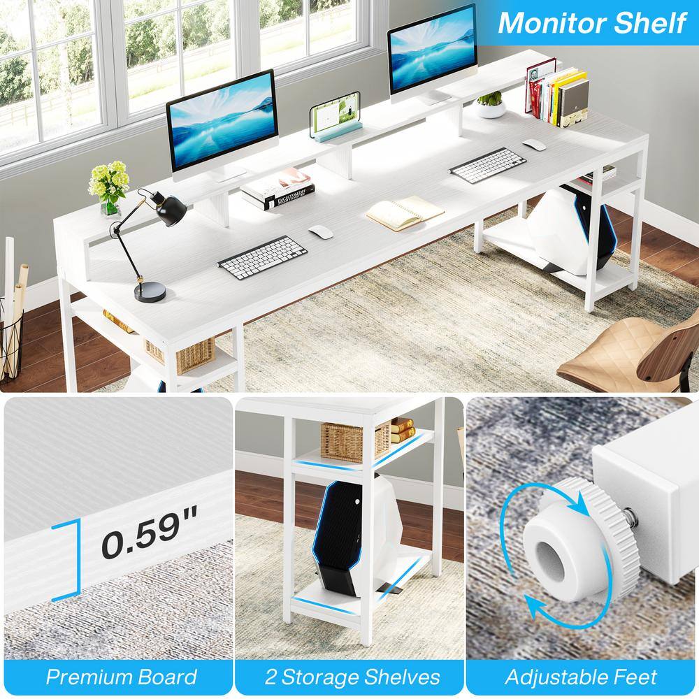 White Double Workstation Desk with Bookshelf and Storage Shelves
