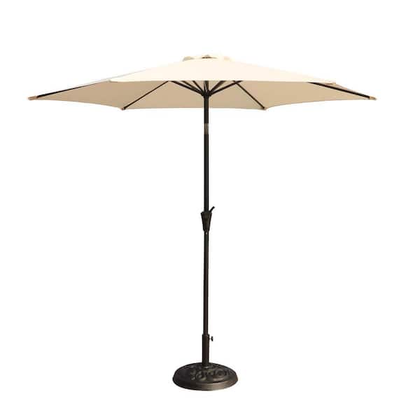 Tunearary 8.8 ft. Aluminum Push Button Tilt and Crank Lift Patio Market Umbrella with 33 lbs. Round Resin Umbrella Base in Cream
