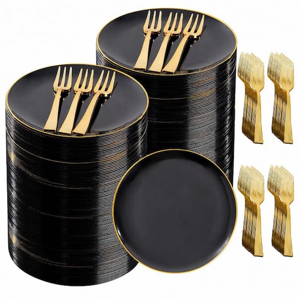 Black Gold-Rim 6.3-Inch Disposable Dessert Cake Appetizer Plates with Matching Gold Forks (Set of 400)