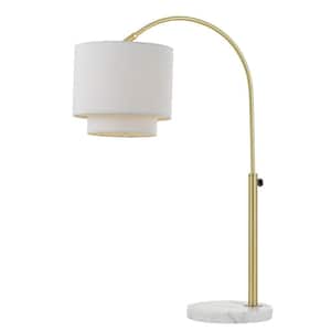 31 in. Arched Table Lamp in Brushed Gold with Adjustable Height/Width, White Marble Base, and 2-Tiered Fabric Shade
