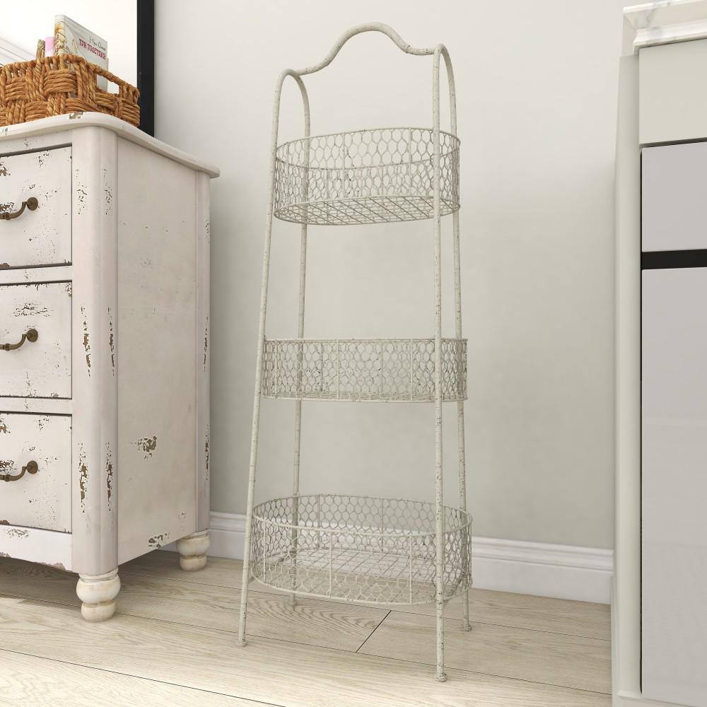 Off-White Metal 3-Tier Elliptical Basket Shelving Unit