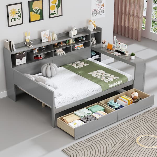 Harper & Bright Designs Gray Multi-functional Full Size Wood Daybed with Storage Shelves, 2-Drawers and Study Desk