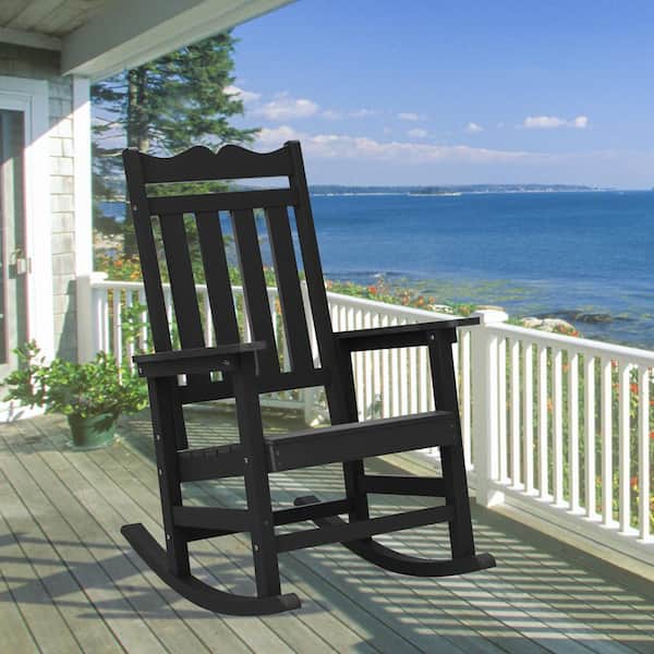 JOYESERY Patio Adirondack Chair Plastic 350 lbs. for Deck and Balcony Multi-Use Like Real Wood Outdoor Rocking Chair in Black