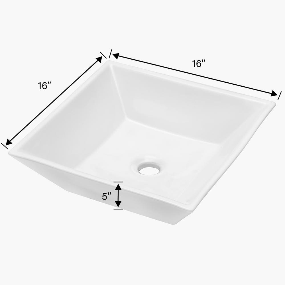 Sinber 16" White Square Ceramic Countertop Bathroom Vessel Sink