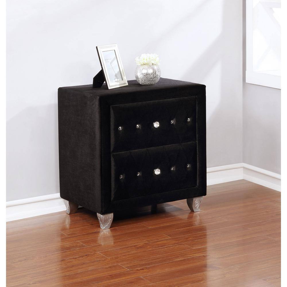 Deanna Black Velvet 2-Drawer Nightstand with Crystal Knobs