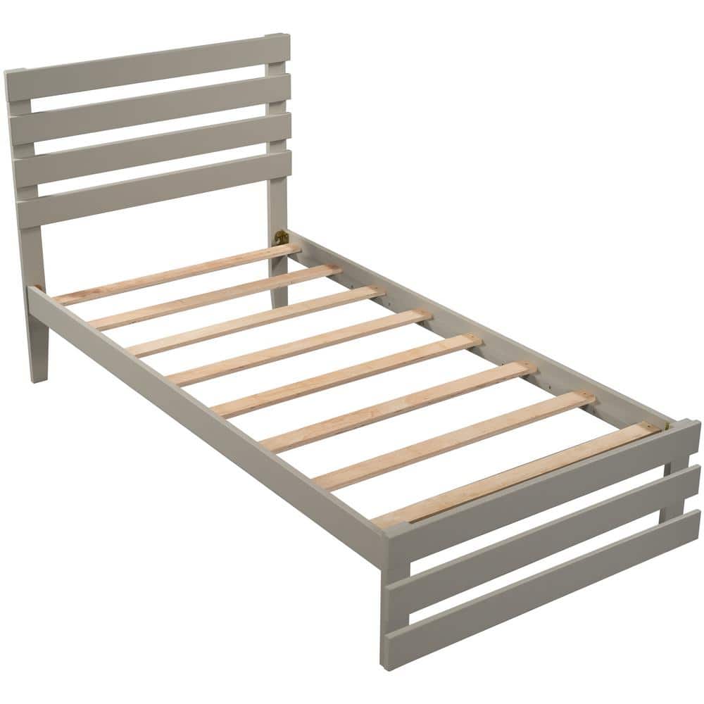 Gray Twin Small Solid Wooden Framed Twin Platform Bed with Strip Art Headbo
