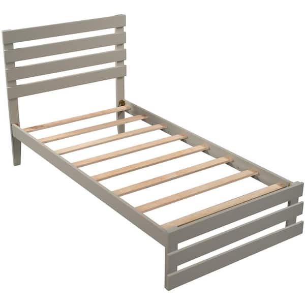 Unbranded Gray Twin Small Solid Wooden Framed Twin Platform Bed with Strip Art Headboard and Art Strip Stand