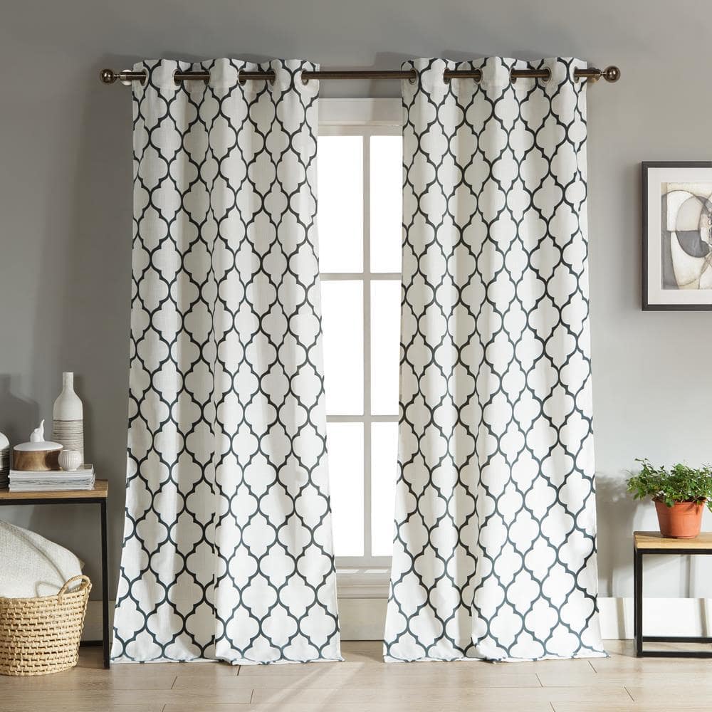 Stone Blue Trellis Grommet Room Darkening Curtain - 38 in. W x 96 in. L (Se
