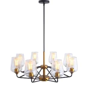 8-Light Mid Century Modern Black and Gold Brushed Brass Ceiling Hanging Chandelier Lighting Fixture with Glass Shades