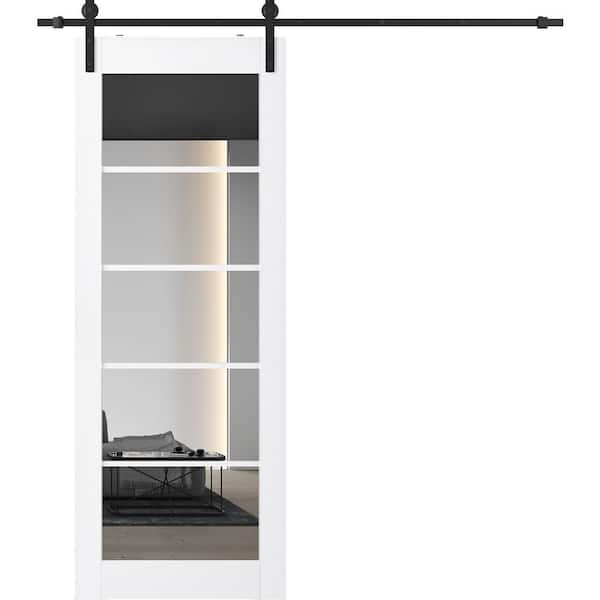 Paola 5 Lite 36 in. x 84 in. 5-Lite Mirrored Glass Bianco Noble Wood Composite Sliding Barn Door with Hardware Kit