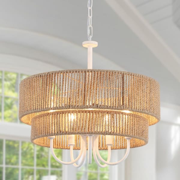 5 Light 2-Tier Distressed White Drum Rattan Hemp Ropes Chandelier for Living Bedroom Room with No Bulbs Included