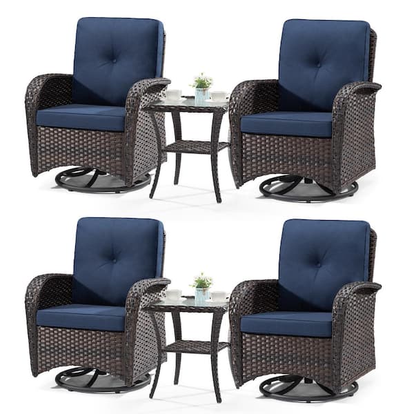 6-Piece Wicker Swivel Outdoor Rocking Chairs Patio Conversation Set with Blue Cushions