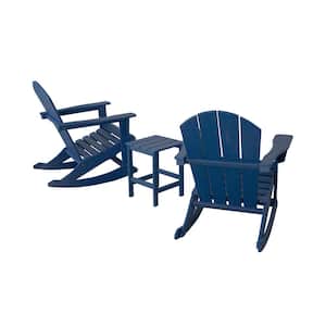 Laguna 3-Piece Fade Resistant Outdoor Patio HDPE Poly Plastic Adirondack Rocking Chairs and Side Table Set, Navy Blue