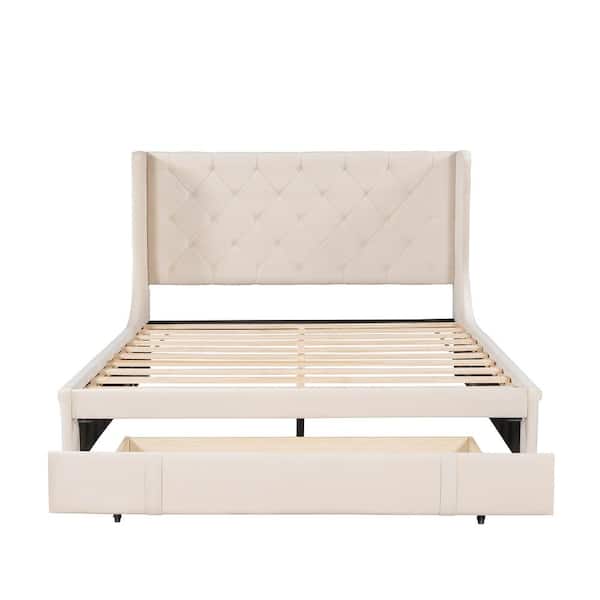 STICKON 84.4 in. W Beige Velvet Wood Frame Queen Platform Bed with Drawer