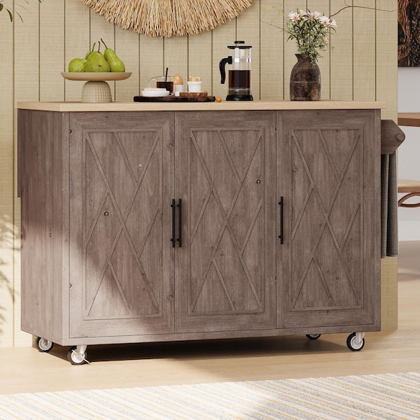 XUJMK Brown Wood 51 in. Geometric Twill Stripe Textured Design Farmhouse Kitchen Island on Wheels with Internal Storage Rack