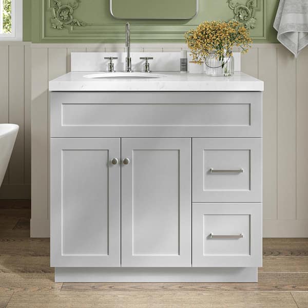 ARIEL Hamlet 36.25 in. W x 22 in. D x 36 in. H Single Sink Freestanding Bath Vanity in Grey with Carrara White Quartz Top