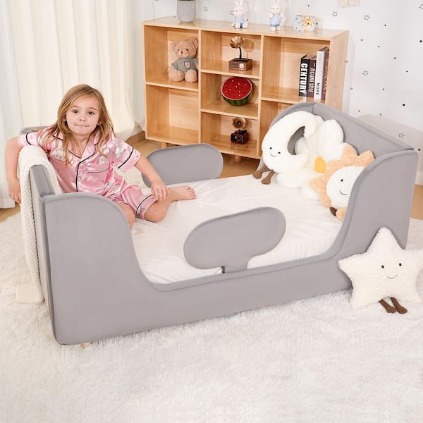 BOZTIY Toddler Floor Bed with Removable Safety Rails Kids Bed Standard Crib Size Toddler Upholstered Bed, Gray