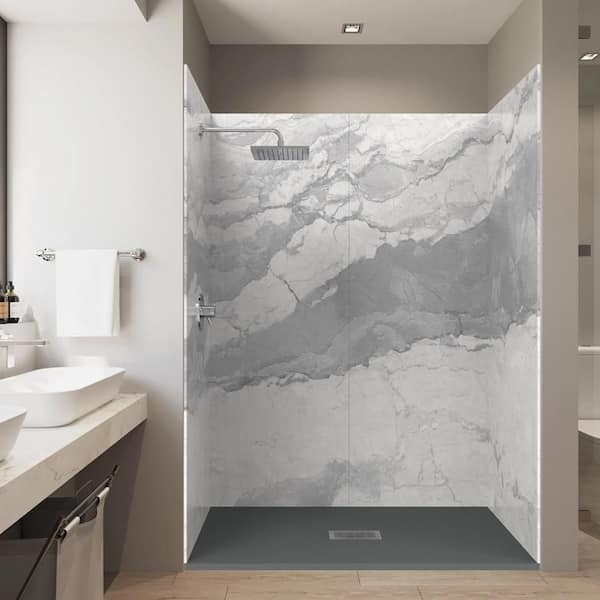 Italian Ice 32 in. x 60 in. x 84 in. Solid Composite Stone Alcove Shower Kit w/ Walls and Graphite Pan Base Center Drain