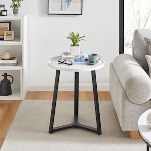 Harper Round Raised Lip Side Accent Table with Mid-century Modern Crossed Metal Bold Pedestal Legs - White Marble/Black