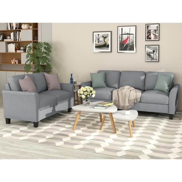 GODEER 76 in. W 2-piece Linen Living Room Furniture Loveseat Sofa and 3-seat Sofa in Gray