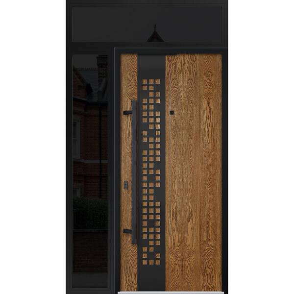 VDOMDOORS 6678 48 in. x 96 in. Right-hand/Inswing Sidelight and Transom Natural Oak Steel Prehung Front Door with Hardware
