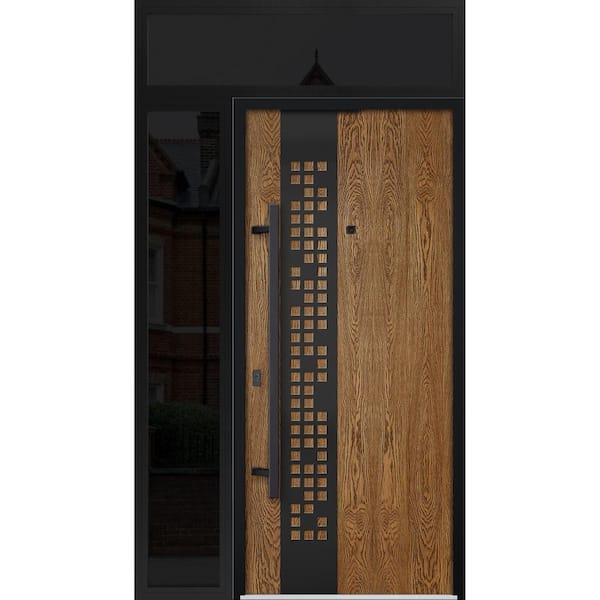 VDOMDOORS 6678 52 in. x 96 in. Right-hand/Inswing Sidelight and Transom Natural Oak Steel Prehung Front Door with Hardware