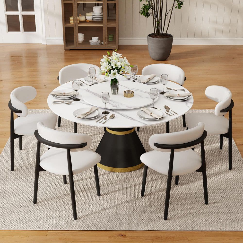 Magic Home 59.05 in. Modern White Round Rotary Lazy Susan Sintered
