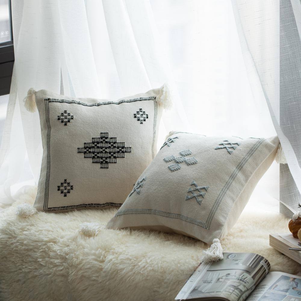 Bohemian Grey & White Cotton 16" Square Throw Pillow with Tassels