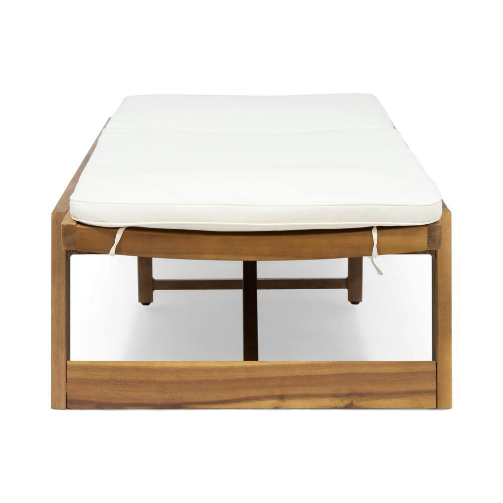 Teak Brown Acacia Wood Chaise Lounger with Cream Cushions