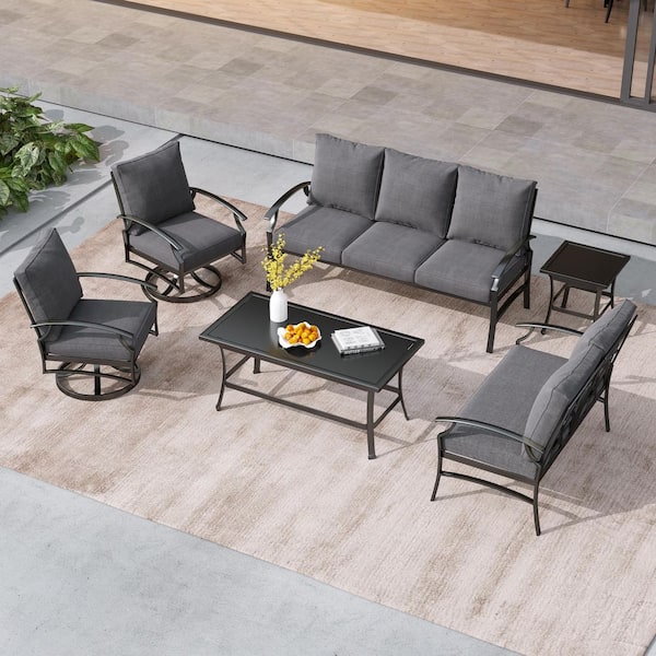 Black 6-Piece Metal Patio Conversation Sofa and Loveseat and Single Chairs Set and Coffee Table With Gray Cushions