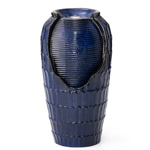 28.25 in. H Outdoor Waterfall Oversized Cobalt Blue Petals Textured Ceramic Jar Floor Fountain with LED Light