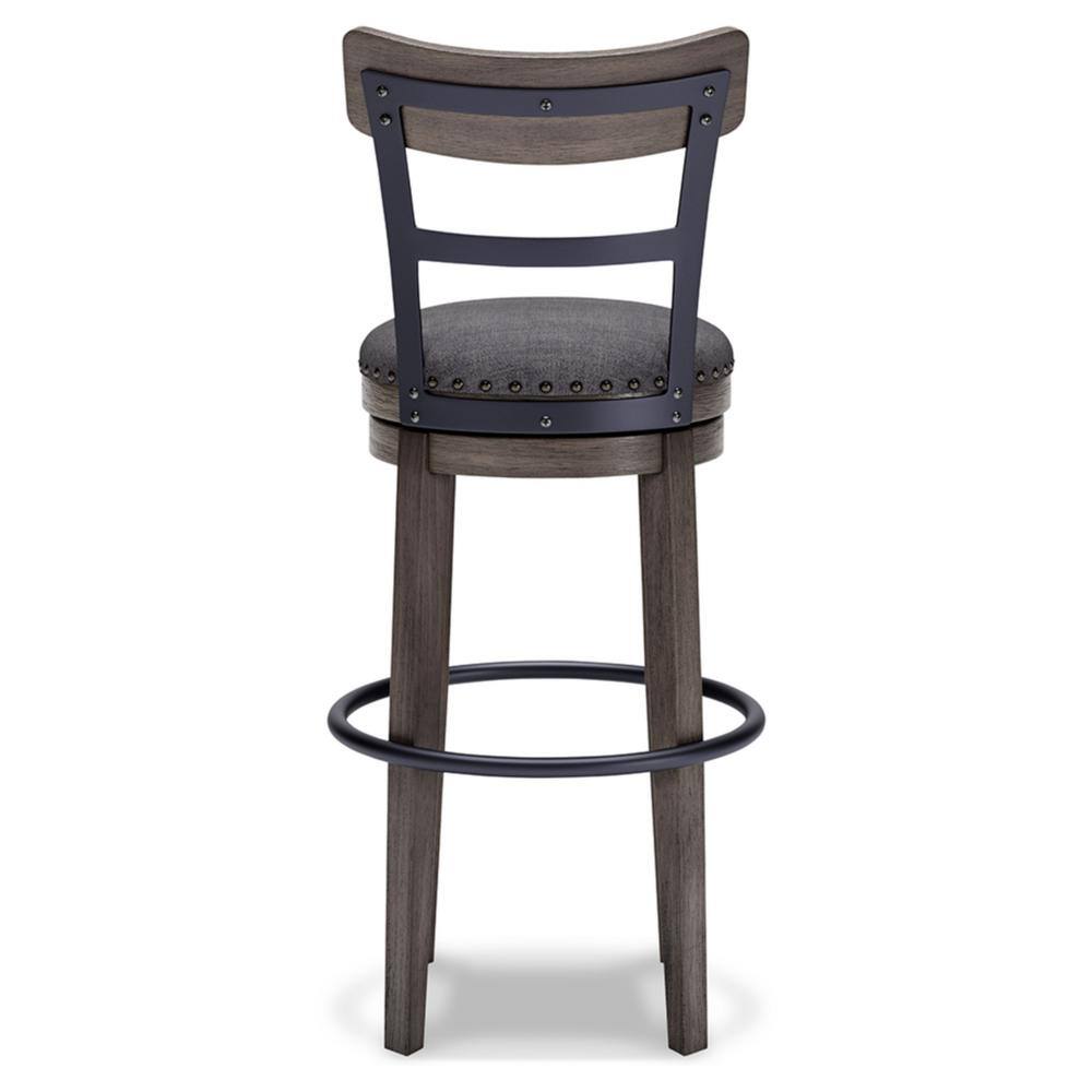 Antiqued Gray Wash Swivel Barstool with Cushioned Seat and Nailhead Trim