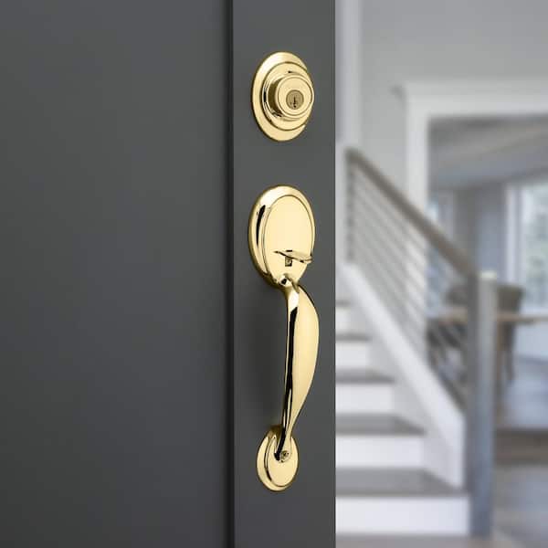 Kwikset Dakota Polished Brass Single Cylinder Door Handleset with Tylo Door Knob Featuring SmartKey Security