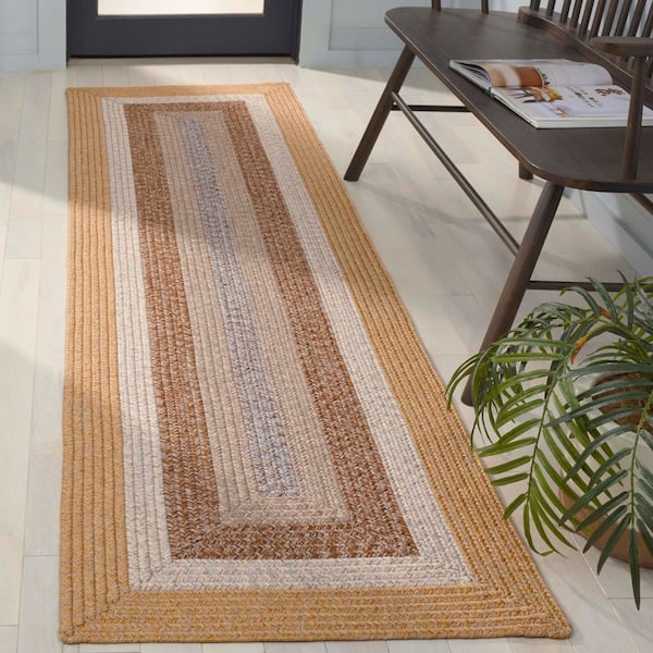 Braided Brown/Light Brown 2 ft. x 8 ft. Machine Washable Solid Striped Border Runner Rug