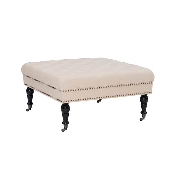 Linon Home Decor Isabelle Natural Beige Polyester Fabric Tufted Square Accent 34.6 in. Ottoman