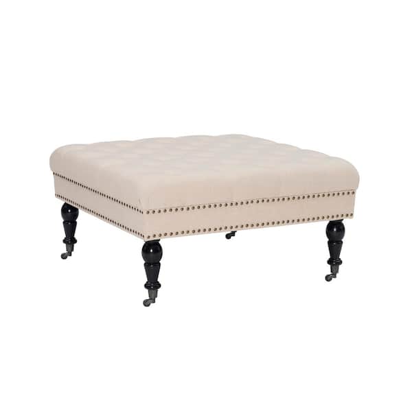 Linon Home Decor Isabelle Natural 34.5" Square Tufted Ottoman with Turned Black Finished Legs