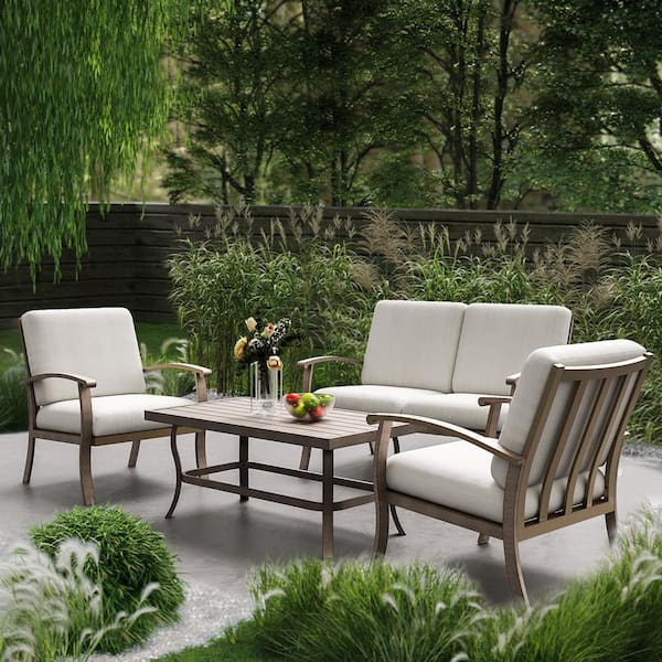 EGEIROSLIFE 4-Person Aluminum Patio Conversation Set with Coffee Table and Light Gray Cushions