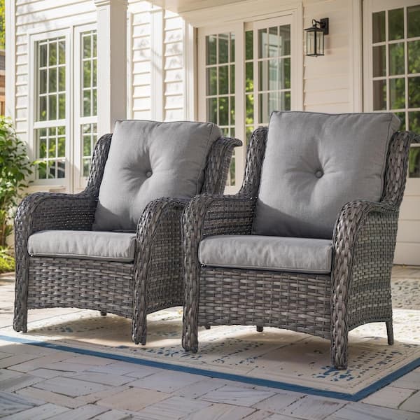 Patio Gray Wicker Outdoor Lounge Chair with Gray Cushions and Curved Armrest (2-Pack)