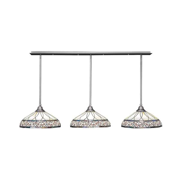 Unbranded Livingston 100-Watt 3 Light Brushed Nickel Linear Pendant Light with 16 in. Art Glass Glass Shades No Bulbs Included
