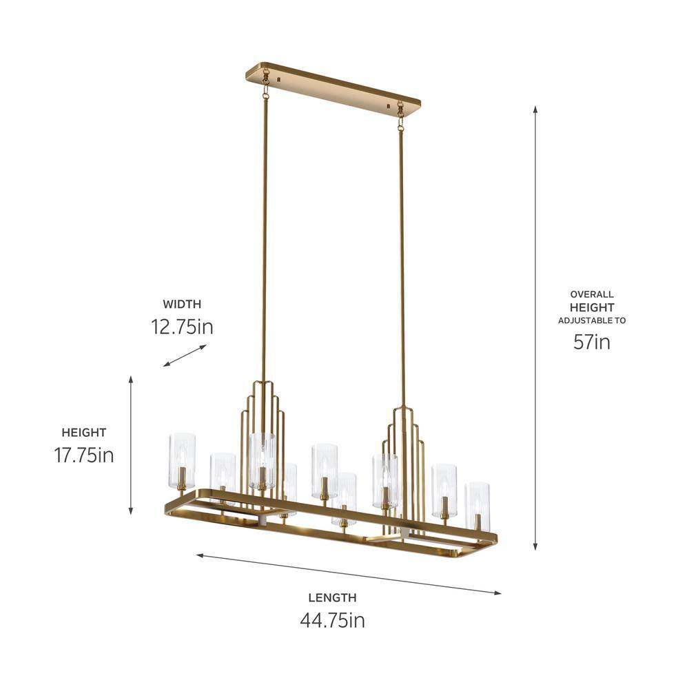 Kimrose Brushed Brass 10-Light Linear Chandelier with Clear Fluted Glass