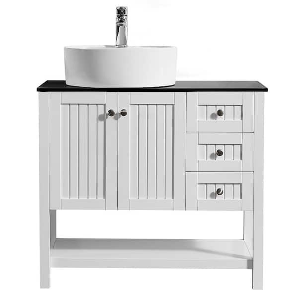 ROSWELL Modena 36 in. Bath Vanity in White with Tempered Glass Vanity Top in Black with White Vessel Sink