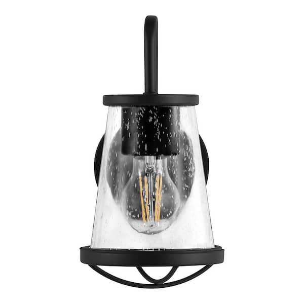 Home Decorators Collection Georgina 5.75 in. 1-Light Matte Black Industrial Rustic Wall Sconce with Clear Seeded Glass Shade and Cage Accent