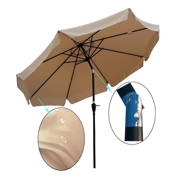 Cesicia 10 FT. Patio Outdoor Garden Market Table Round Umbrella with Crank and Push Button Tilt for Deck Backyard Pool in Tan