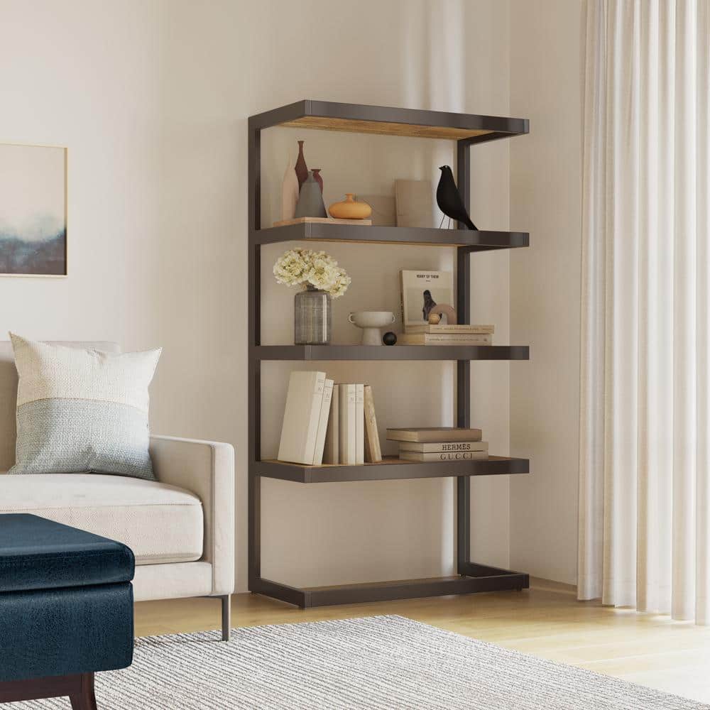 Distressed Golden Wheat Acacia Wood and Metal Bookcase