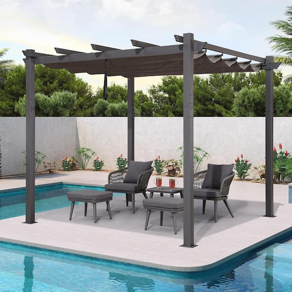 10 ft. x 10 ft. Gray Aluminum Frame Outdoor Patio Pergola Gazebo with Gray Retractable Sun Shade Canopy for Deck Garden
